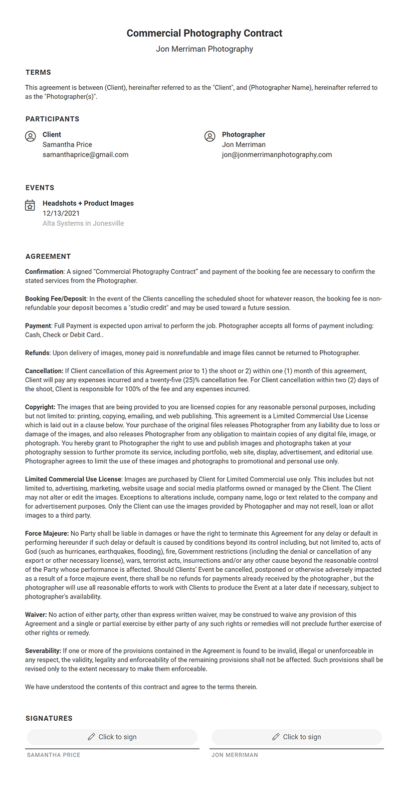 Commercial Photography Contract (Free Template) - Lightfolio